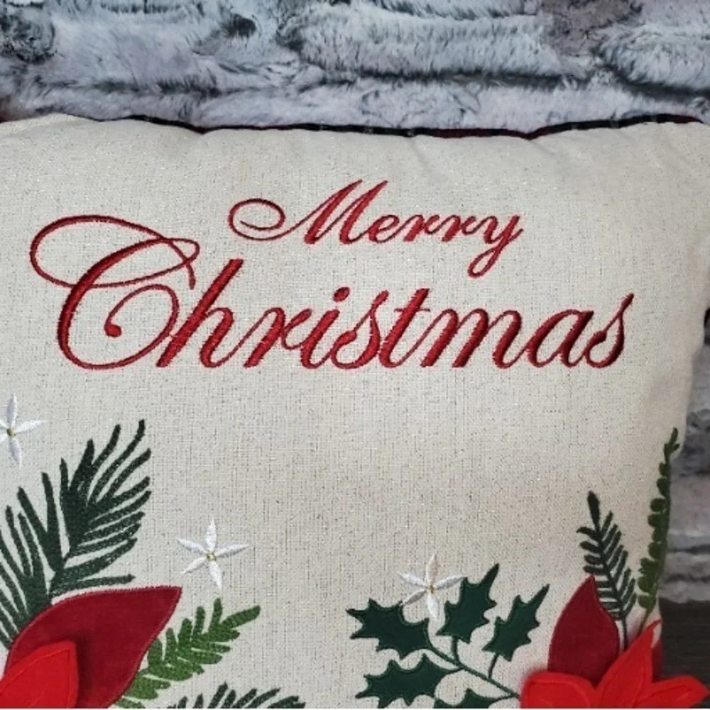 Red Felt Poinsettia Holly Merry Christmas Holiday Pillow Red Plaid Backing 16